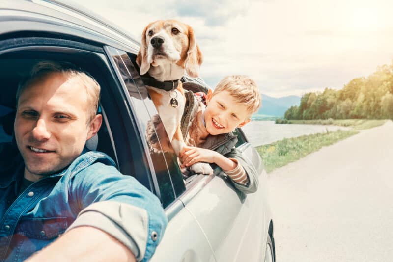 A father drives his son and pet dog down the road