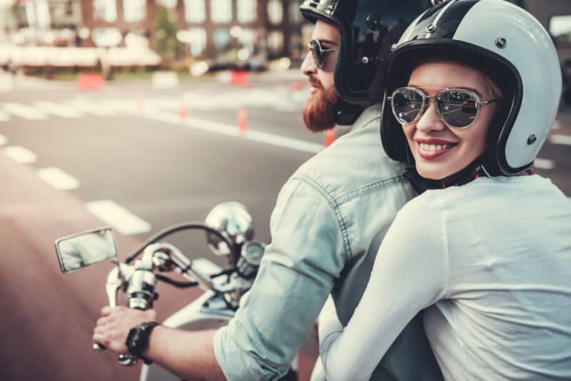 Young couple on a spring motorcycle ride in Washington