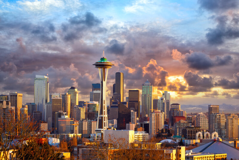 Aerial view of Seattle with clouds