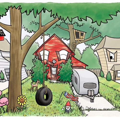 Happy cartoon house in the middle breaking all the HOA rules while neighbor houses look on in disgust.