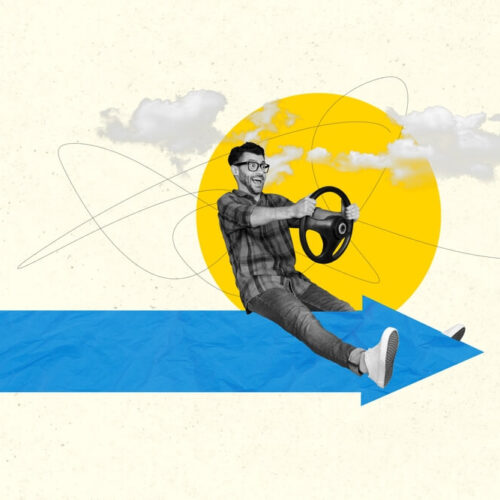 Man driving over an arrow and under a sun learning to drive - Affordable Washington car insurance