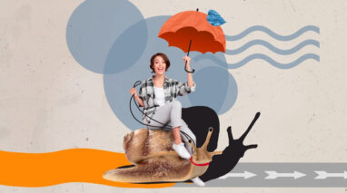 A woman holding an umbrella drives a snail - cheap car insurance in Washington.